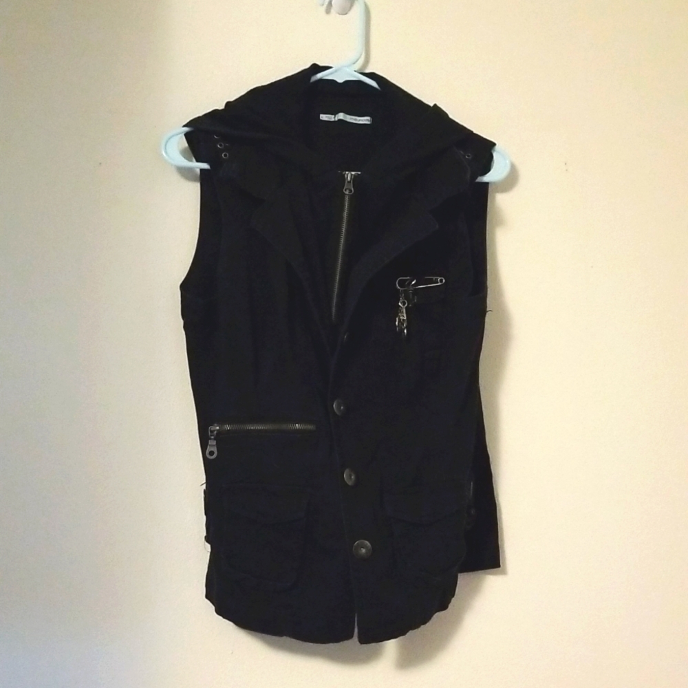 Maurices Punk Hooded Black Zip and Button Up Vest L